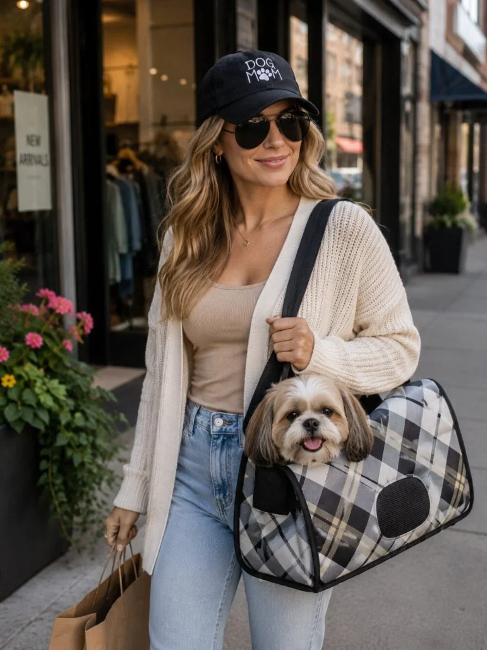 Dog Mom Cap & Stylish Plaid Pet Carrier Bundle